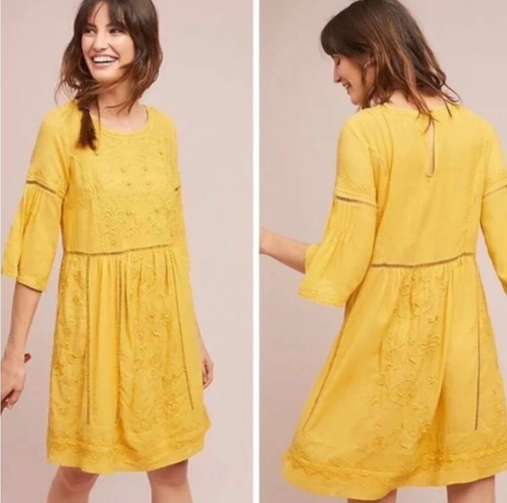 Anthropologie Akemi & Kin Womens S Yellow Oversized Boho Embroidered Mini Dress